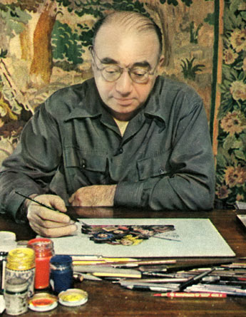 Arthur Szyk Painting in His New York Studio. Pageant Magazine, April 1945.