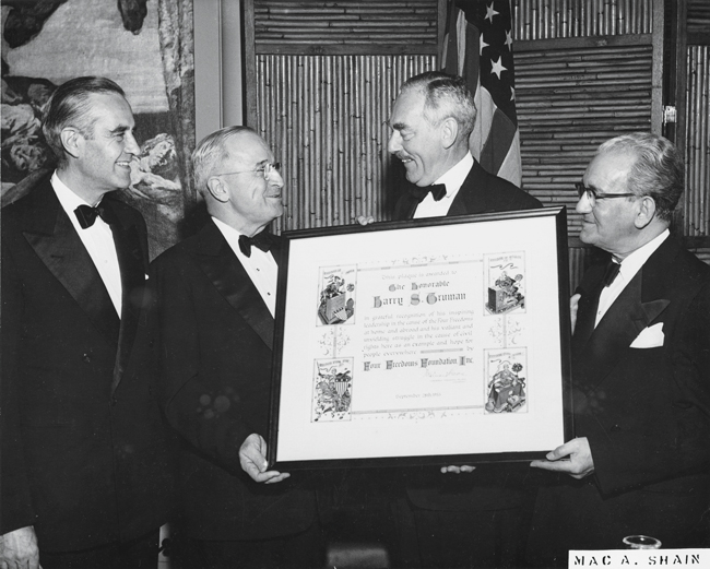 Harry S. Truman accepting a Four Freedoms Foundation award featuring Szyk’s art. Waldorf Astoria, New York, September 28, 1953.