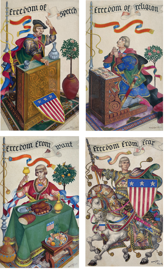 Arthur Szyk. Four Freedoms. New York, 1942. Watercolor and gouache on paper. Each 6 ¼ x 4 inches.
