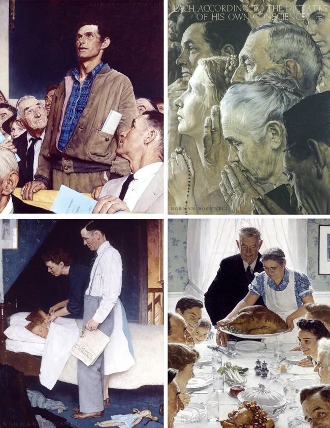Norman Rockwell. Four Freedoms. Arlington, Vermont, late 1942/early 1943. Oil on canvas. Each 45 ¾ x 35 ½ inches.